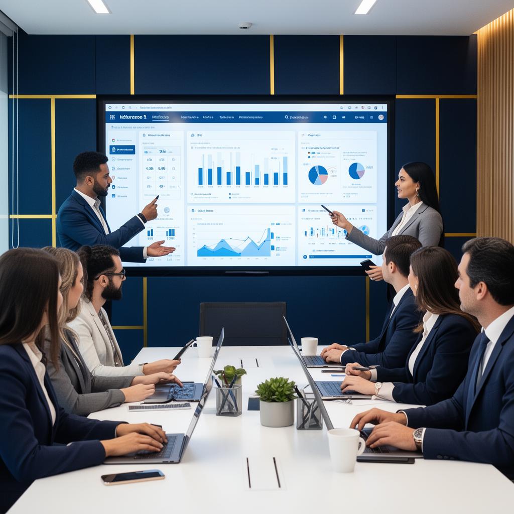 Equipe administrativa apresentando dashboard consolidado